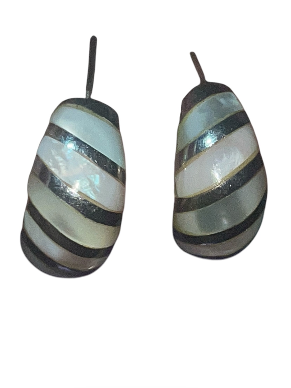 Vintage Striped Inlaid Mother-of-Pearl Silver Hoop Drop Earrings